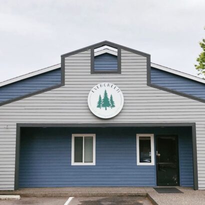 Exterior of building with signage.